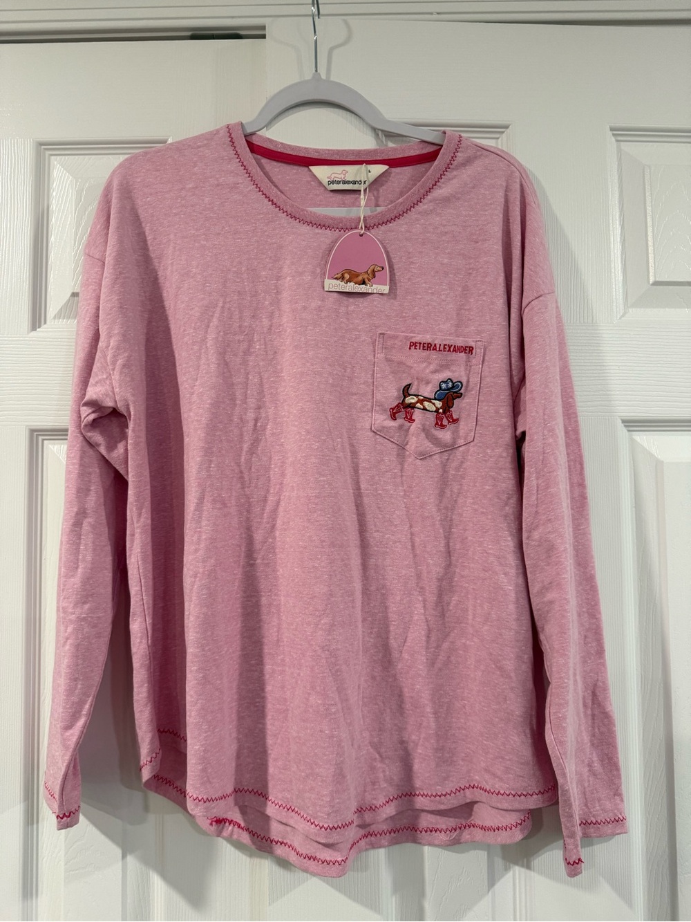Peter Alexander Pink Long Sleeve Tee with Embroidered Dachshund Pocket